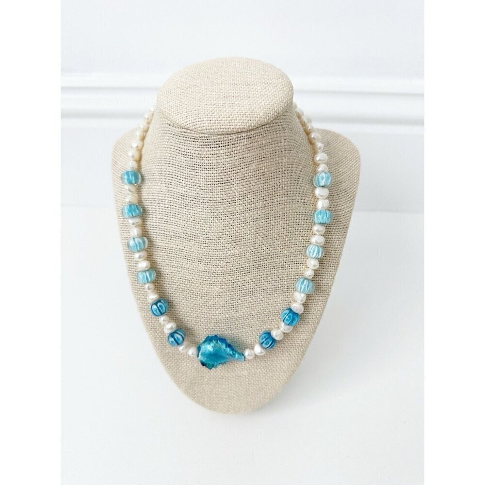 NWT Genuine Murano Glass & Pearls Necklace Blue White Beaded